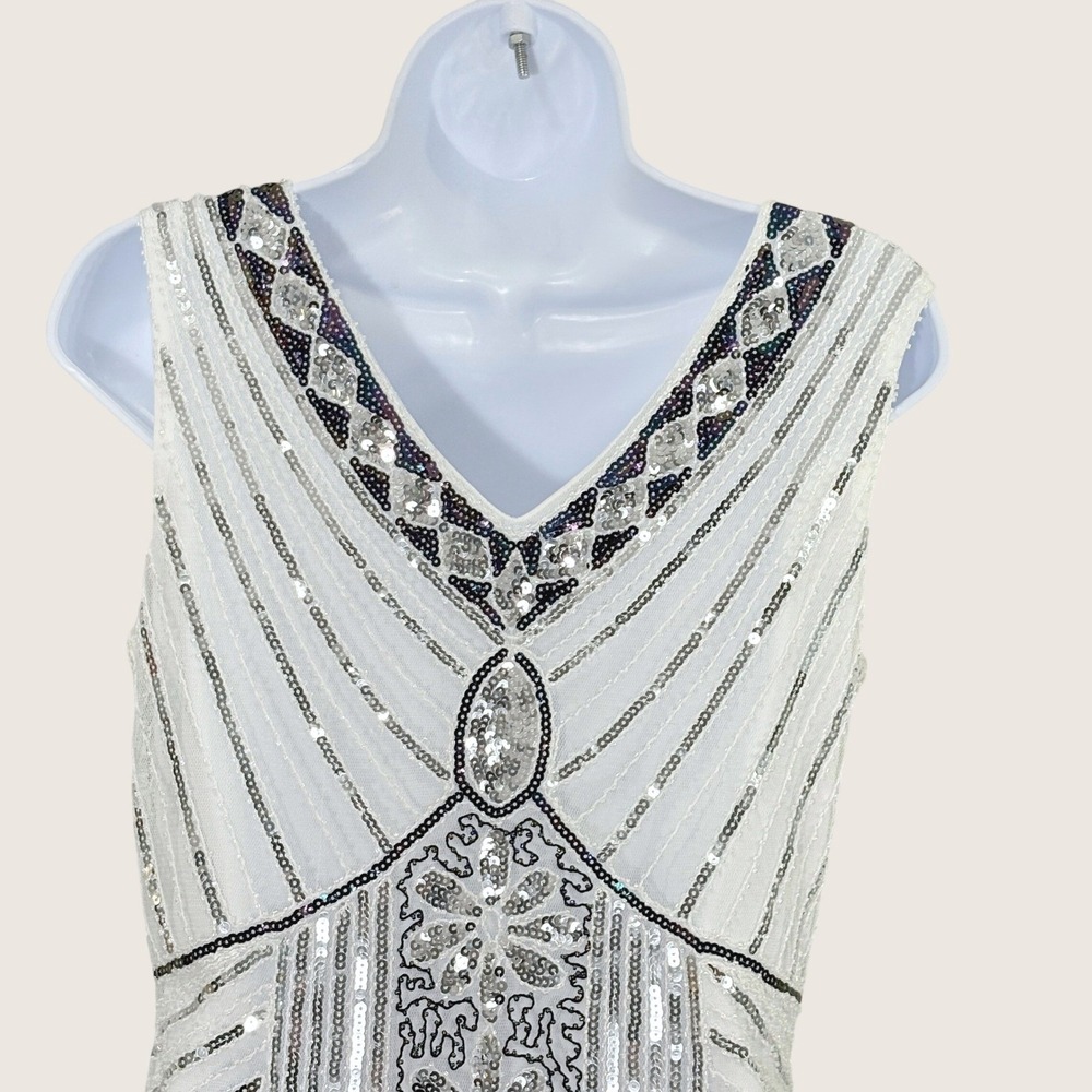 1920s Gatsby Flapper Dress Small Sequin Beaded Fringe Capelet Headpiece Jazz Age - Picture 9 of 14